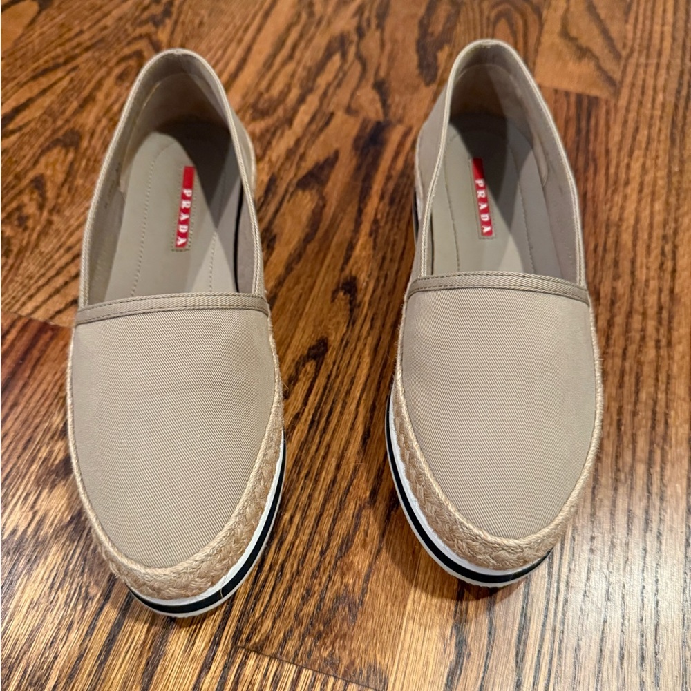PRADA SPORT CANVAS SLIP-ON ESPADRILLES KHAKI LOAFER - Retail $495 - Picture 1 of 8